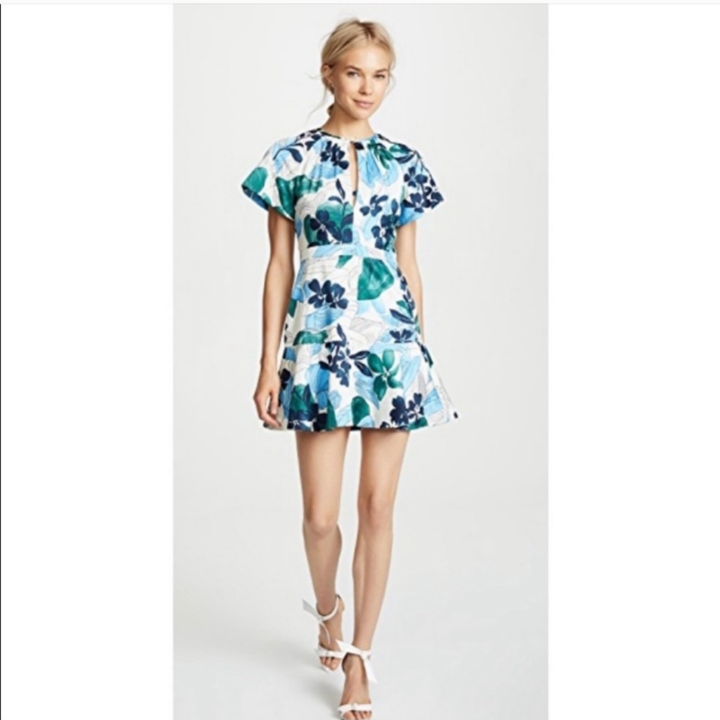 Alexis Reede Floral Flounce Mini Dress Blue Green Pleats Keyhole Cotton Party Xs